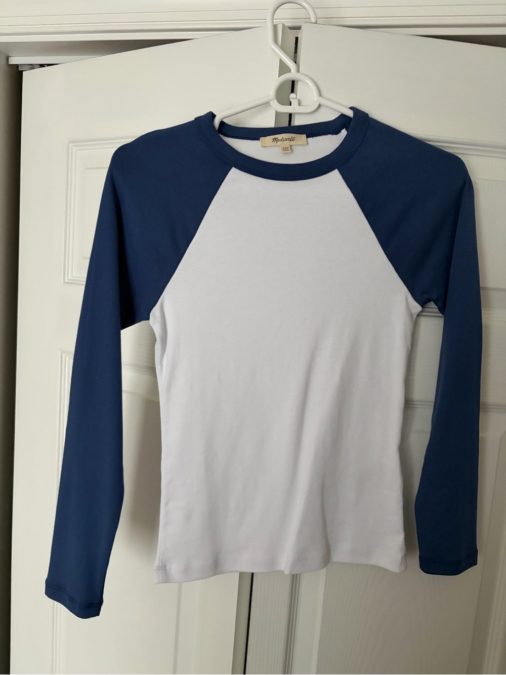 Madewell White and Navy Raglan Long Sleeve Tee